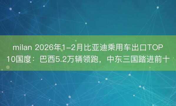 milan 2026年1-2月比亚迪乘用车出口TOP10国度：巴西5.2万辆领跑，中东三国踏进前十